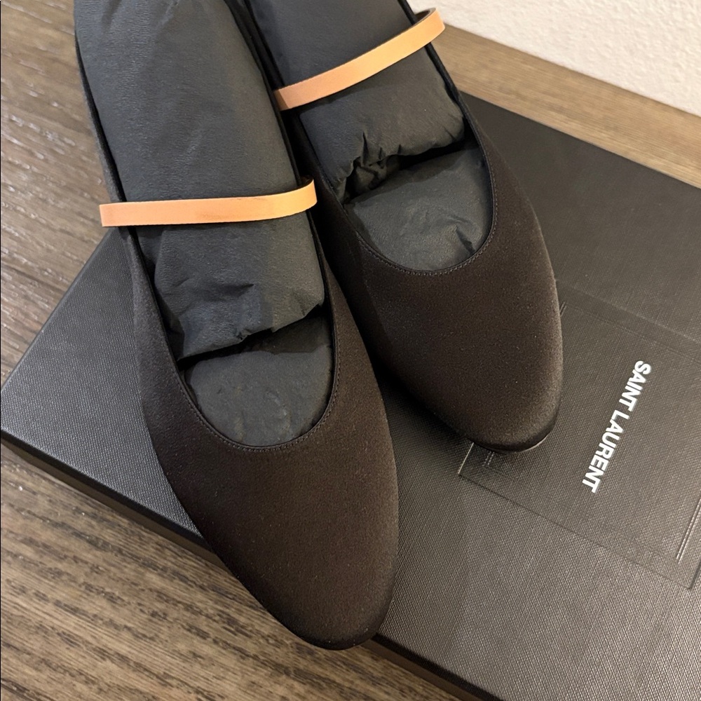 NIB [Saint Laurent] Ballerina Black Satin & Leather Flats Women's EU 39 / US 9 - Picture 10 of 16